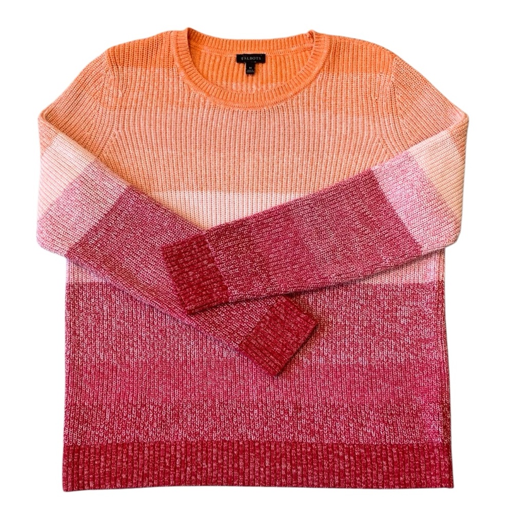 Talbots Pima Cotton Ombre Sweater Orange Pink Red Crew Pullover Top Medium M - Picture 3 of 6